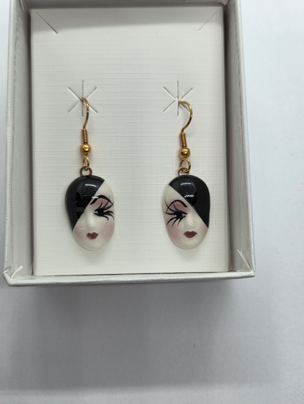 Vintage Fancy Faces Hand Painted Porcelain Dangle Earrings Eclipse Mask